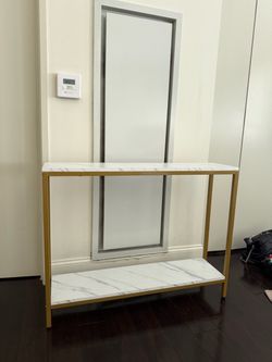 Gold Console Table with Marble-Look Shelves