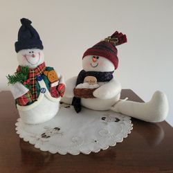 Two Vintage Stuffed Fabric Snowman Off-White, Green, Red, Navy
