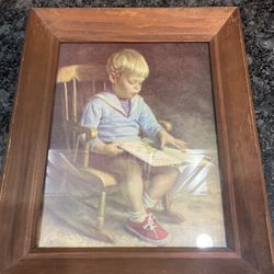 Vintage "Gary" Boy In Chair Reading Wood Framed Print by J. Ingwersen
