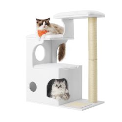 Feandrea WoodyWonders Cat Tree, 33.8-Inch Modern Cat Tower, Cat Condo with 3 Perches, Scratching Post and Mat, Cave, 4 Removable Washable Cushions, Cl