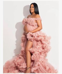 Blue Off Shoulder Ruffled Maternity Photoshoot Gown