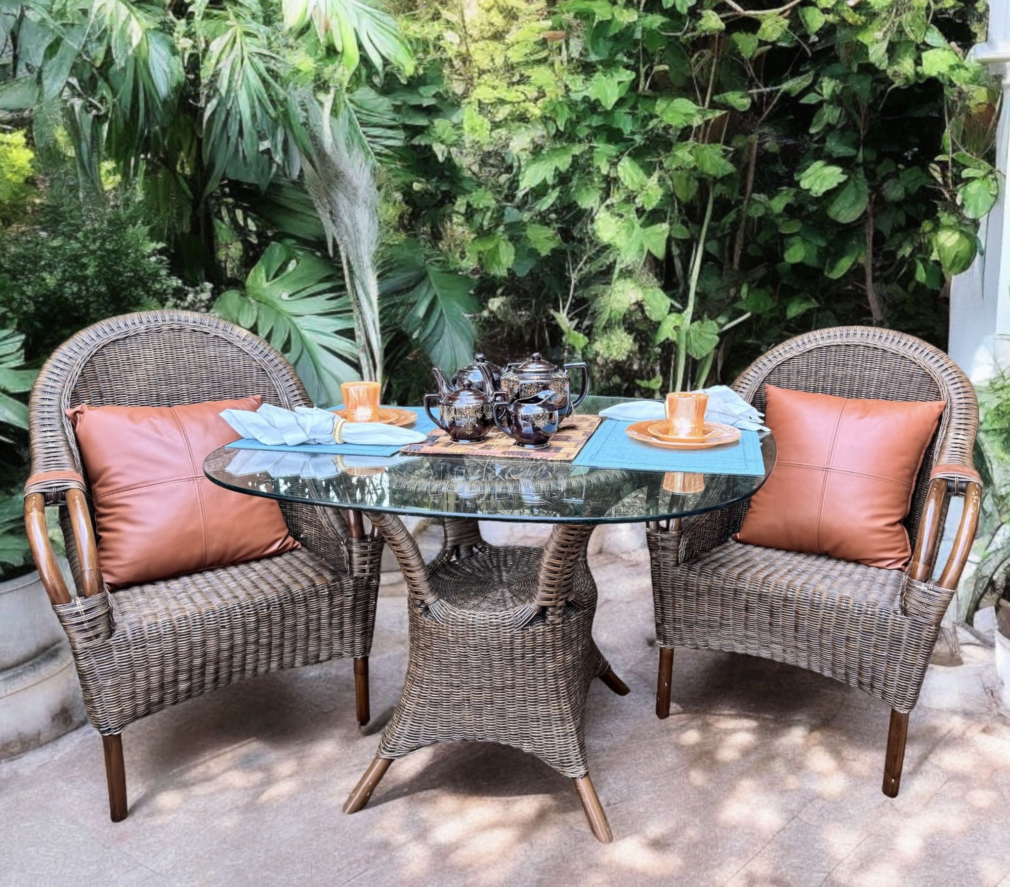 Vintage Rattan Dining Set Table with 2 Chairs