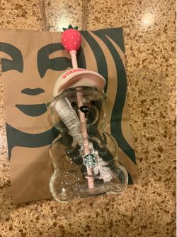 Starbucks Bear Glass Cup with Strawberry Straw