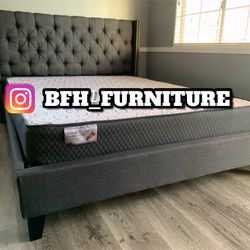 QueeN Gray Wingback Button Tufted Bed w. orthopedic Mattress included
