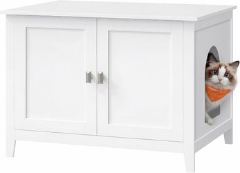 Cat Litter Box Enclosure, Double Doors, Handles Modern Hidden Furniture, Indoor Pet House Washroom, Living Room Side End Table, Cloud White, HELAN Col