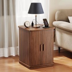 Side Table, Small End Table with Charging Station, Square Night Stand with Storage and Sliding Door