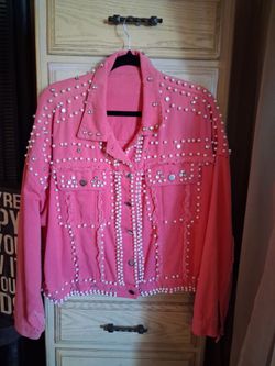 Pink denim jacket with pearls and rhinestones size medium to large