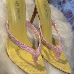 Yellow and pink braided heel sandals 