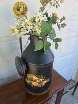 Vintage Black Metal Milk Can with Decal