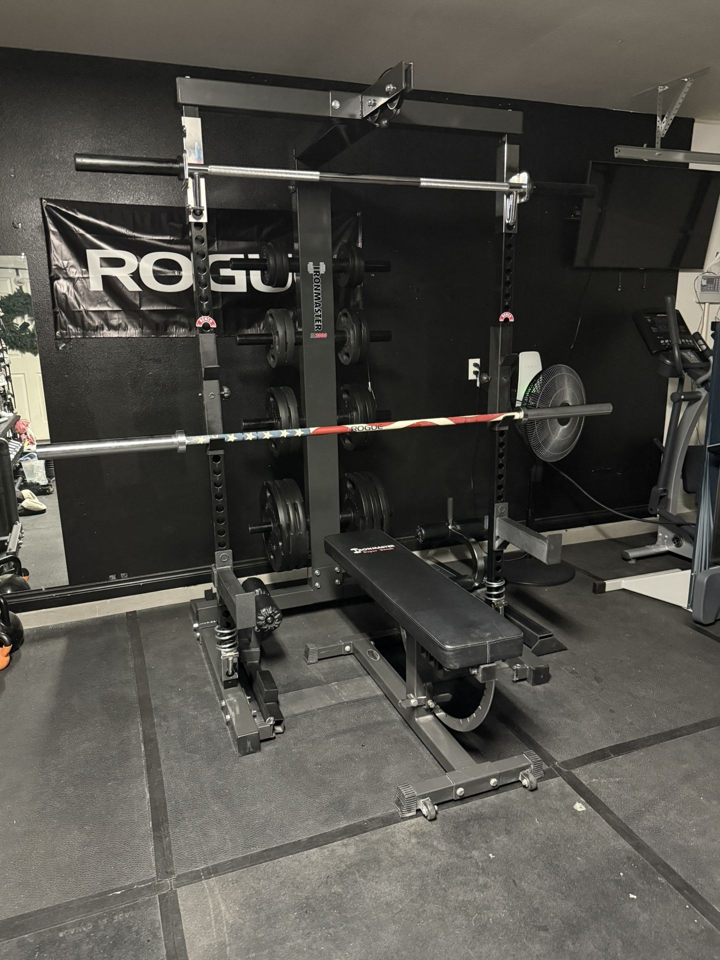 Ironmaster IM2000 , bench , American barbell plates and accessories