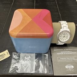 Fossil Mini Stella Women ES-2437 Classic White Tone Quartz Analog Watch 6 1/2"