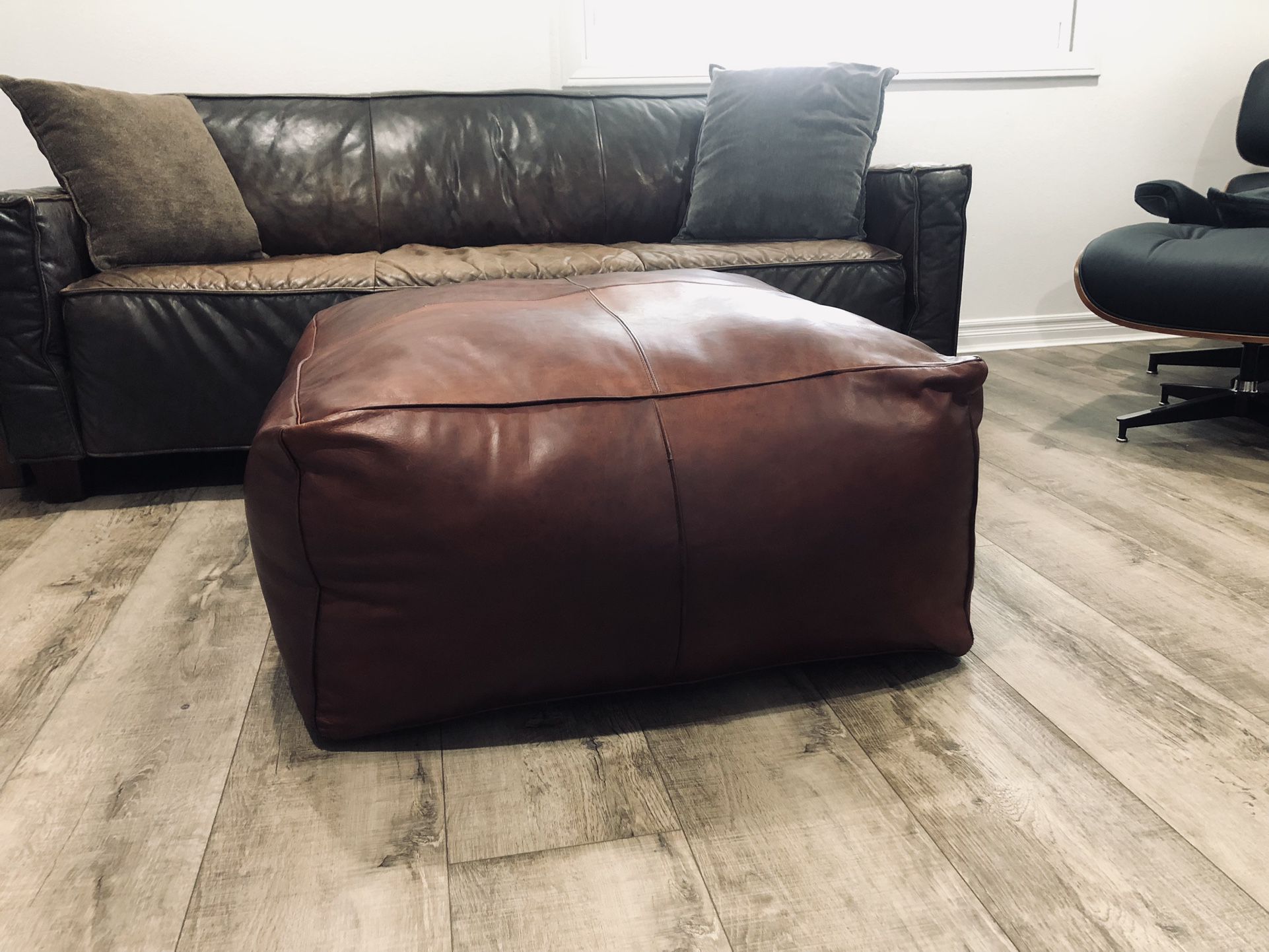 High-Quality and Real Genuine Soft Leather Large Ottoman, LW:36" x H:16".  In Excellent Condition.