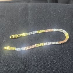 Tri Color Gold Over Solid 925 7.25 Inch Bracelet 