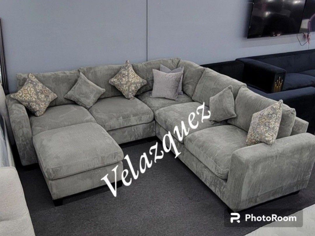 ✅️✅️ 4pc for grey corduroy fabric upholstered sectional sofa with ottoman ✅️✅️