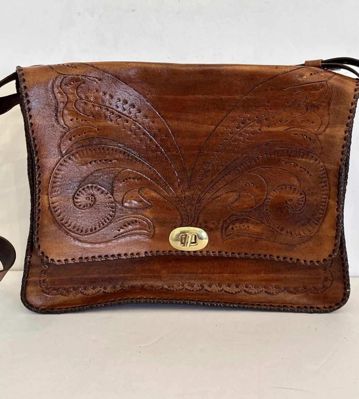 Vintage Leather Bag Clutch Western Hand Tooled Leather Purse Saddle Brown