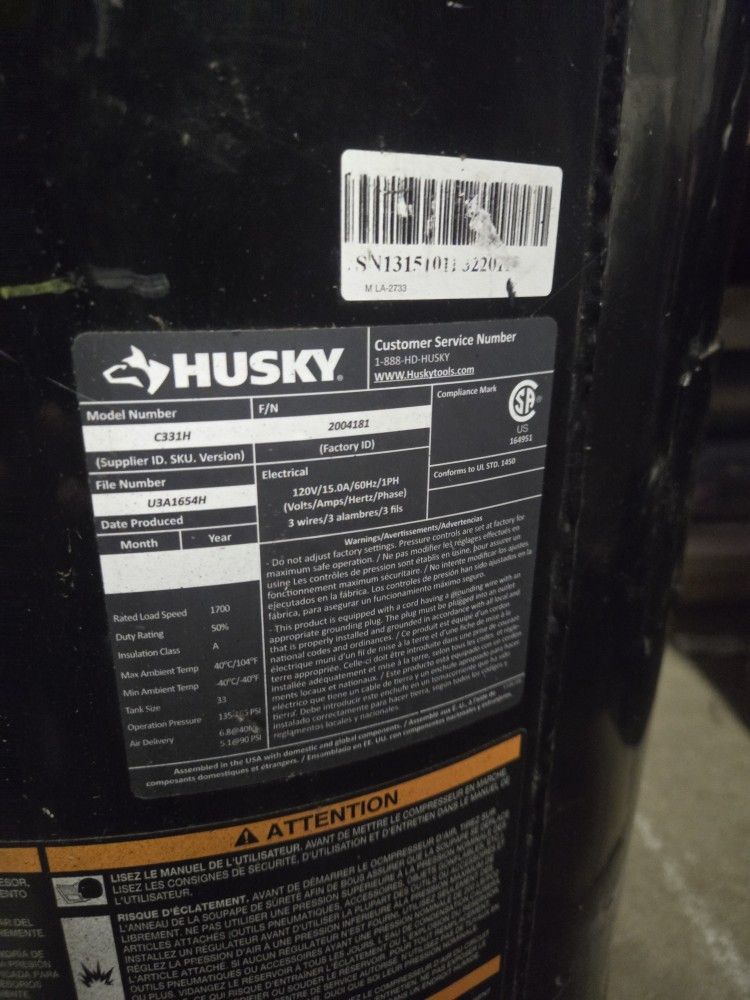 Husky 33 Gallon Quiet Air Compressor C331H

1.7 HP