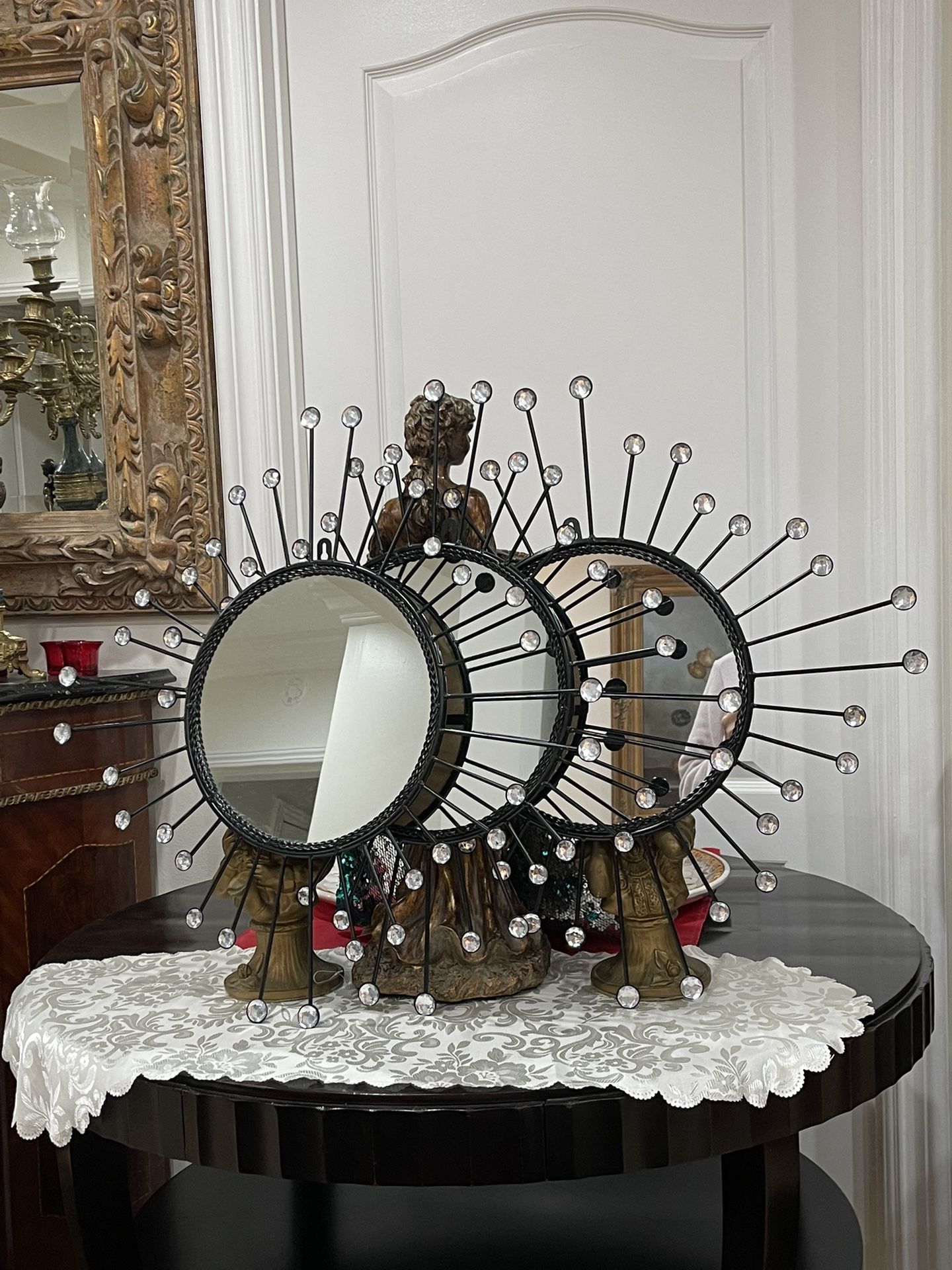 Three Beautiful Sunburst Black Metal Mirror with Clear Crystal Accent🌷$20 EACH