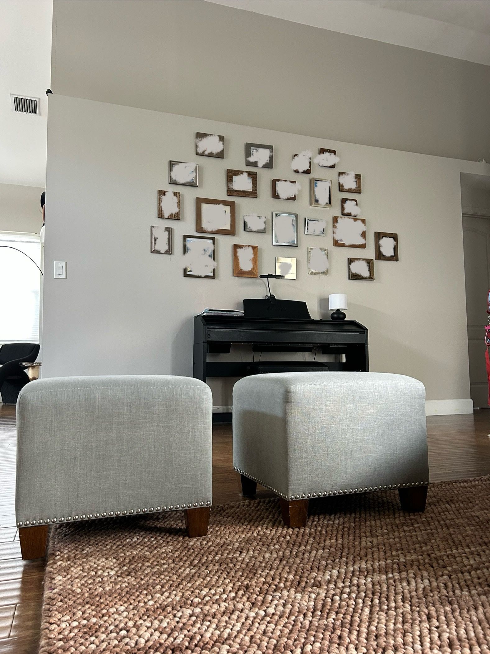 2 Gray Ottomans With Wooden Legs