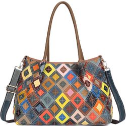 Brand New Women's Handwoven Genuine Leather Mosaic Tote Bag - Colorful Unique Design Stylish Shoulder Purse for Women  Unique 