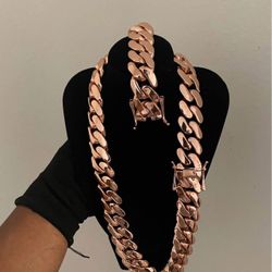 Set Chain & Bracelet 20mm Miami Cuban Link Pink Red Rose Gold Plated Chain Necklace 18k & 14k Crab Old School Regular Lock