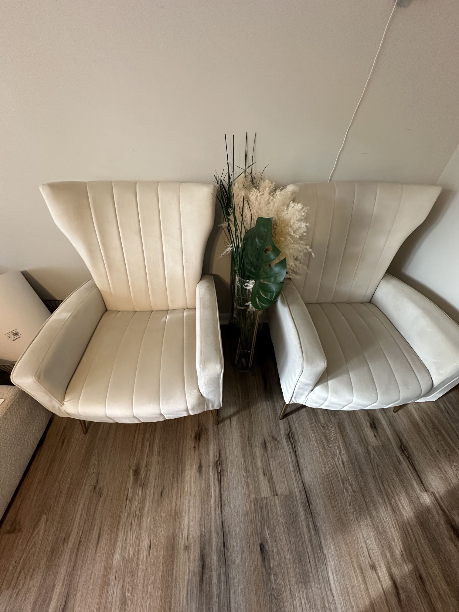 Two Cream Accent Chairs With Ottoman