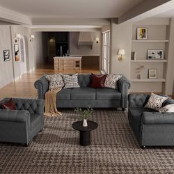 3 Piece Classic Chesterfield 6-Seater Set, Tufted Chair & Loveseat & Sofa Solid Wood Legs Thick Cushion, Pet-Friendly Couch Set Furniture for Living R