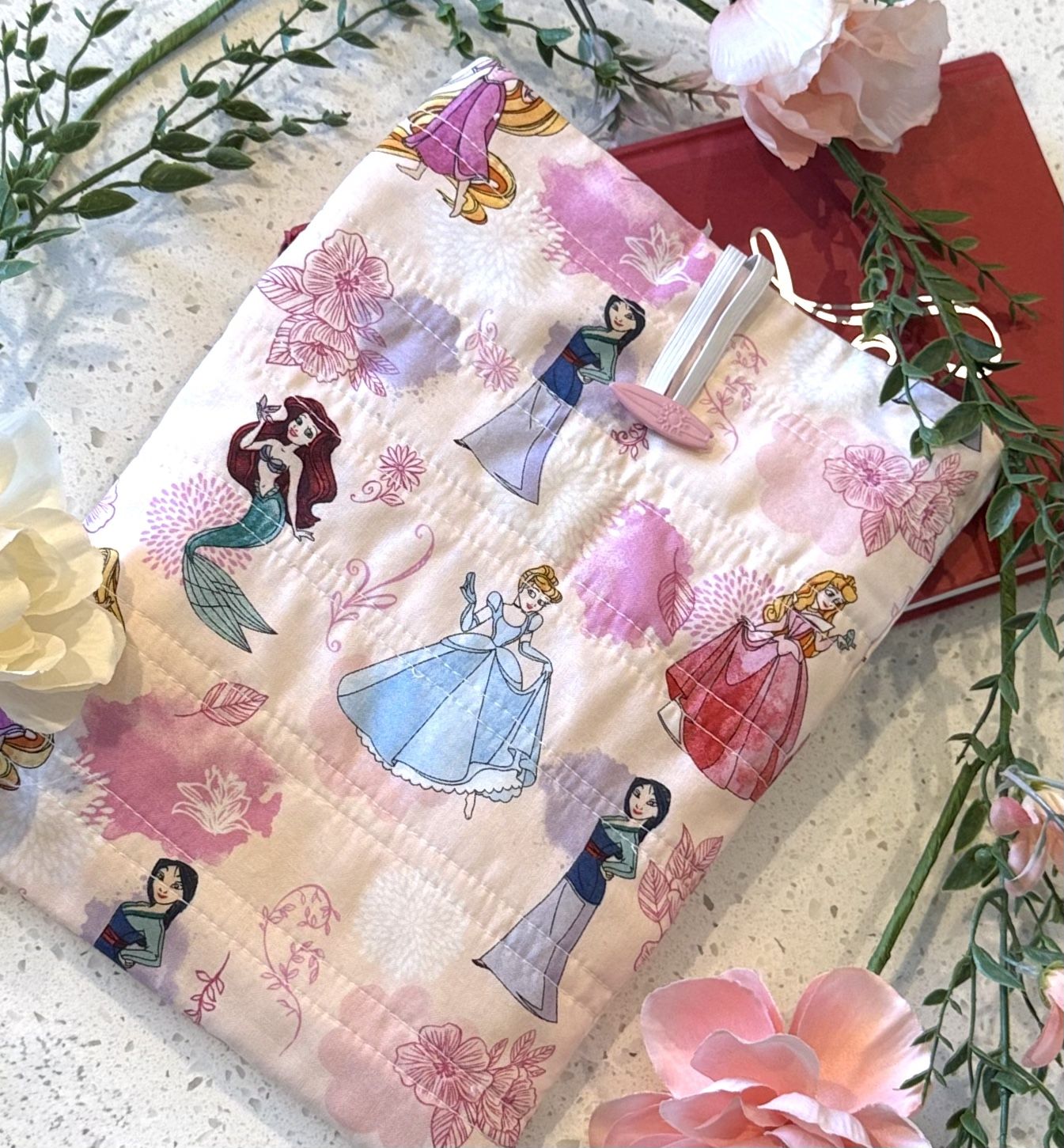 Book Kindle Sleeve Bag Cover 10x8in Princess Disney Fabric Padded Quilted NEW Handmade Pink Cinderella Ariel Sleeping Beauty Rapunzel Lined Bags.