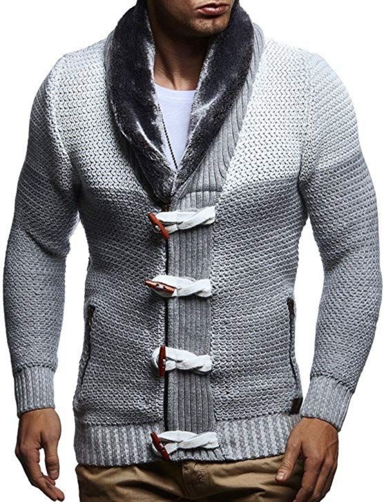 Leif Nelson LN 5370  Men's Knitted Cardigan With Faux Fur Collar  XL 