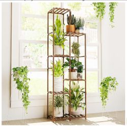8 pots Plant Stand Indoor Outdoor Tall Plant Shelf for Multiple Plants Pots Wood Flower Stand