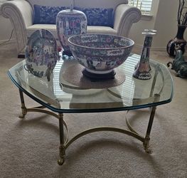 Vintage La Barge  Hexagonal  Coffee Table Glass And Brass Hoof L