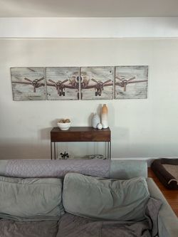 Pottery Barn Planked Fir Airplane 4-Panel Wall Art