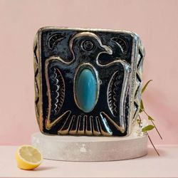 New Early American Influence Thunderbird Silver Color With Blue Inlay Setting