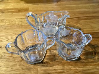 1915 McKee Innovations Daisy Cut Glass Sugar, Creamer, and Salad Dressing Set