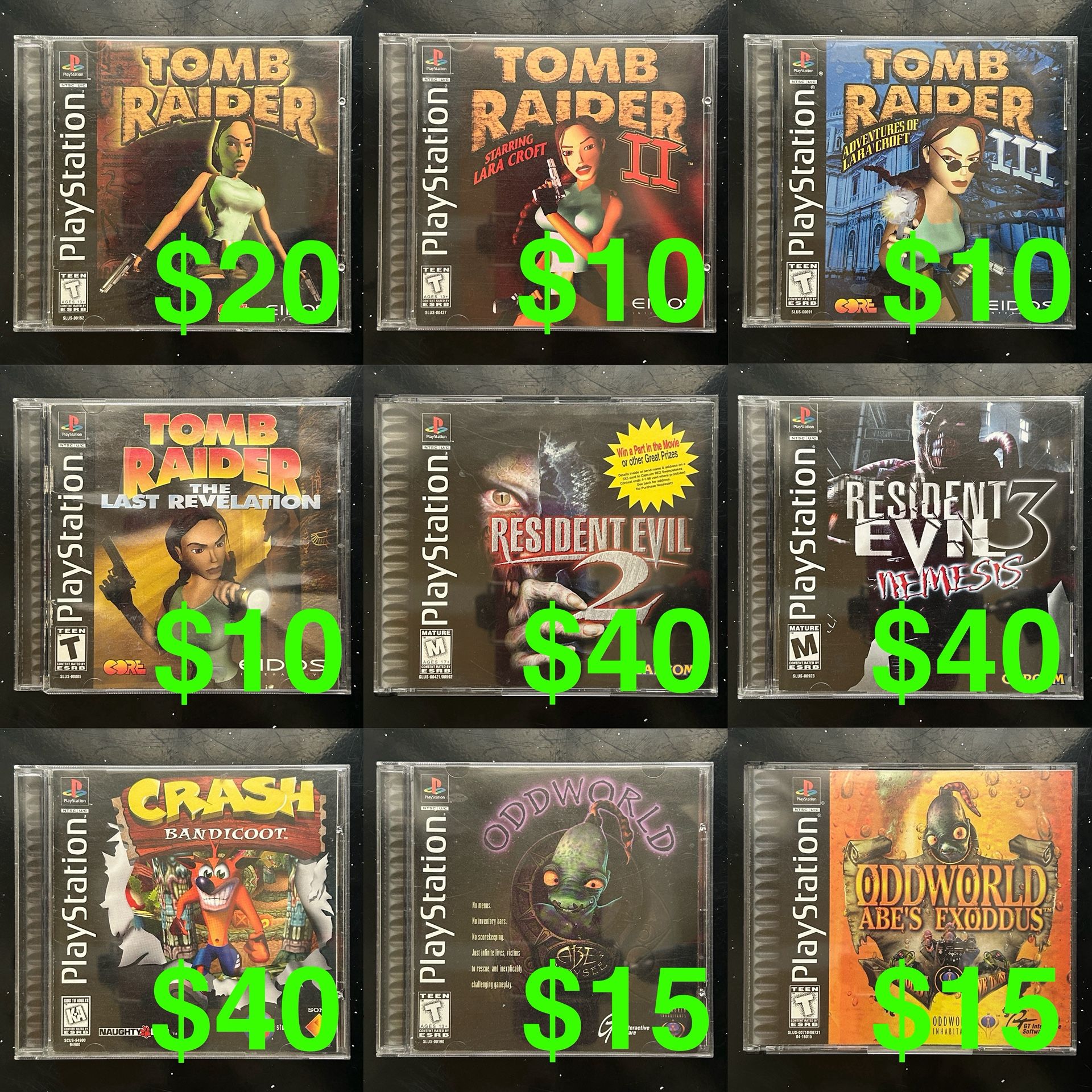 PlayStation 1 PS1 Video Games, Tomb Raider, Resident Evil, Crash Bandicoot, Oddworld