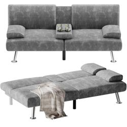Futon Sofa Bed Modern Folding Futon Set Convertible Recliner Lounge for Living Room with 2 Cup Holders, Removable Armrests (Corduroy, Grey) brand new