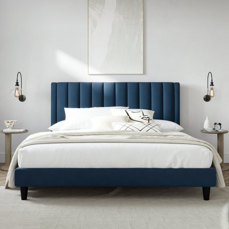 King Size Platform Upholstered Bed Frame with Velvet Channel Headboard, Dark Blue
