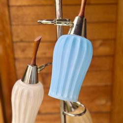 Rare MCM Atomic Pole Chrome Pole Lamp & Formica Table w/ Abalone Detail 