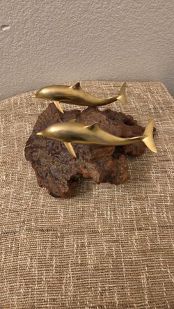 Vintage John Perry Brass Dolphins Sculpture Burl Wood Base