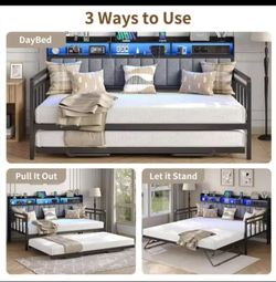 Twin bed,sofa bed,with lights,and charging station,pull point day bed. With storage and headboard,no box spring needed for living room or bedroom