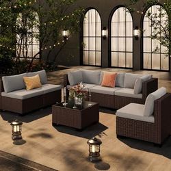 Newly Assembled 7-Piece Patio Furniture Set Outdoor Sectional Couch Wicker Cushions & Coffee Table