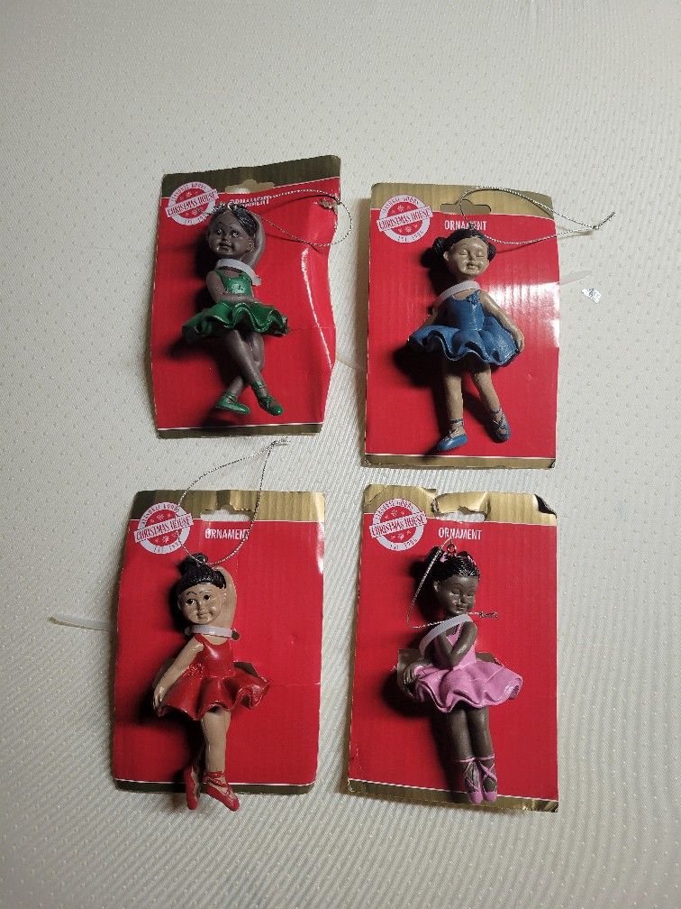 Set of 4 African American Dancer Ballerina Ballet Xmas Tree Ornaments