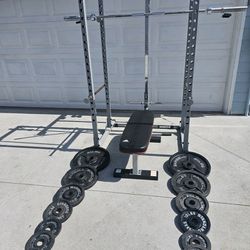 Olympic Squat Rack Cage with Bench, Bar and Weights 