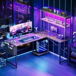 53" L Shaped Desk Gaming Desk with LED Light, Power Outlet, Shelf and Storage Bag - BRAND NEW

