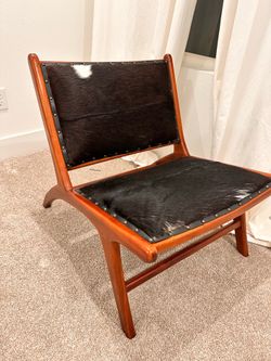 Mid-Century Sculptural Wood Chair — Genuine Cowhide, Brass Studs (Rare Find)
