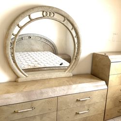 Elegant Marble Finish Queen Bedroom Set | Dresser, Mirror & Bed Frame