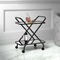 NEW 2-Tier Contemporary Metal/Glass Bar Cart in Black/Clear