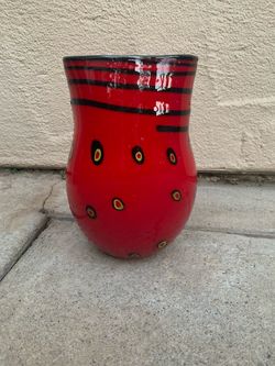 Large Vintage Murano Style Art Glass Vase - Red & Yellow Postmodern Memphis Design, Oval Mouth 11.5"