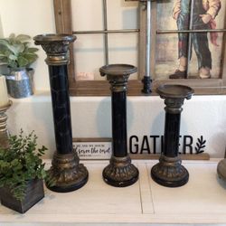 SET OF 3 TALL CANDLE HOLDERS MARBLE BLACK W BRONZE TRIM — Price For ALL!!!!!!