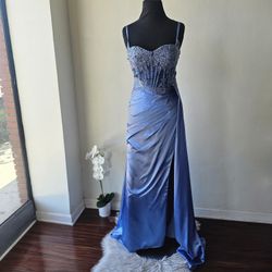 Dusty blue fitted dress with really fire Lace Appliques with beading,  long with Slit Corset Pleated Satin Mermaid Formal Gown.  Size Small