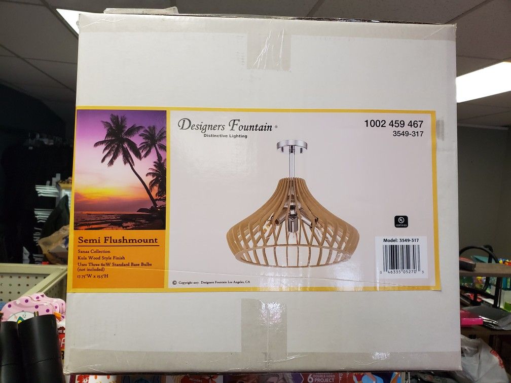 New Designers Fountain 3 60-Watt Bulb Semi Flushmount KULA Wood Stlye Finish